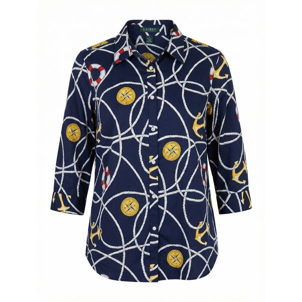 NWT Lauren Ralph Lauren Nautical Cotton Button Front Shirt 1X Navy Preppy Spring